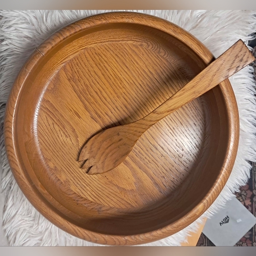 Vintage Handcarved 14" Wooden Serving Bowl And Serving Spoon Made In The USA